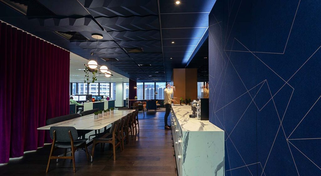 dark blue acoustic solutions on walls and ceiling of office