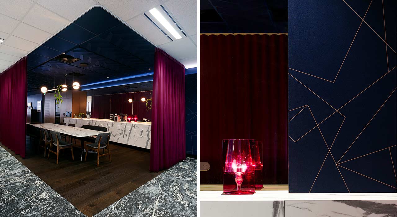 collage of office setting with dark blue acoustic solutions