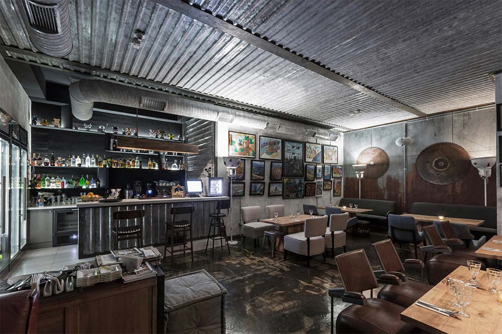 Metal ceiling design at bar