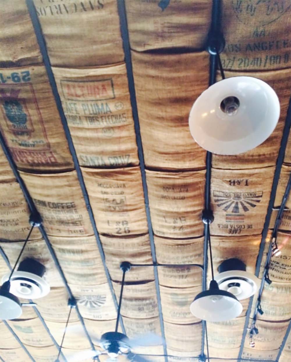 Coffee bean bags on ceiling