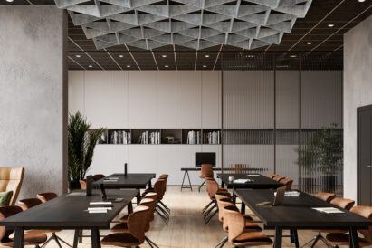 magnetically mounted acoustic ceiling fins with a grey printed pattern above conference room