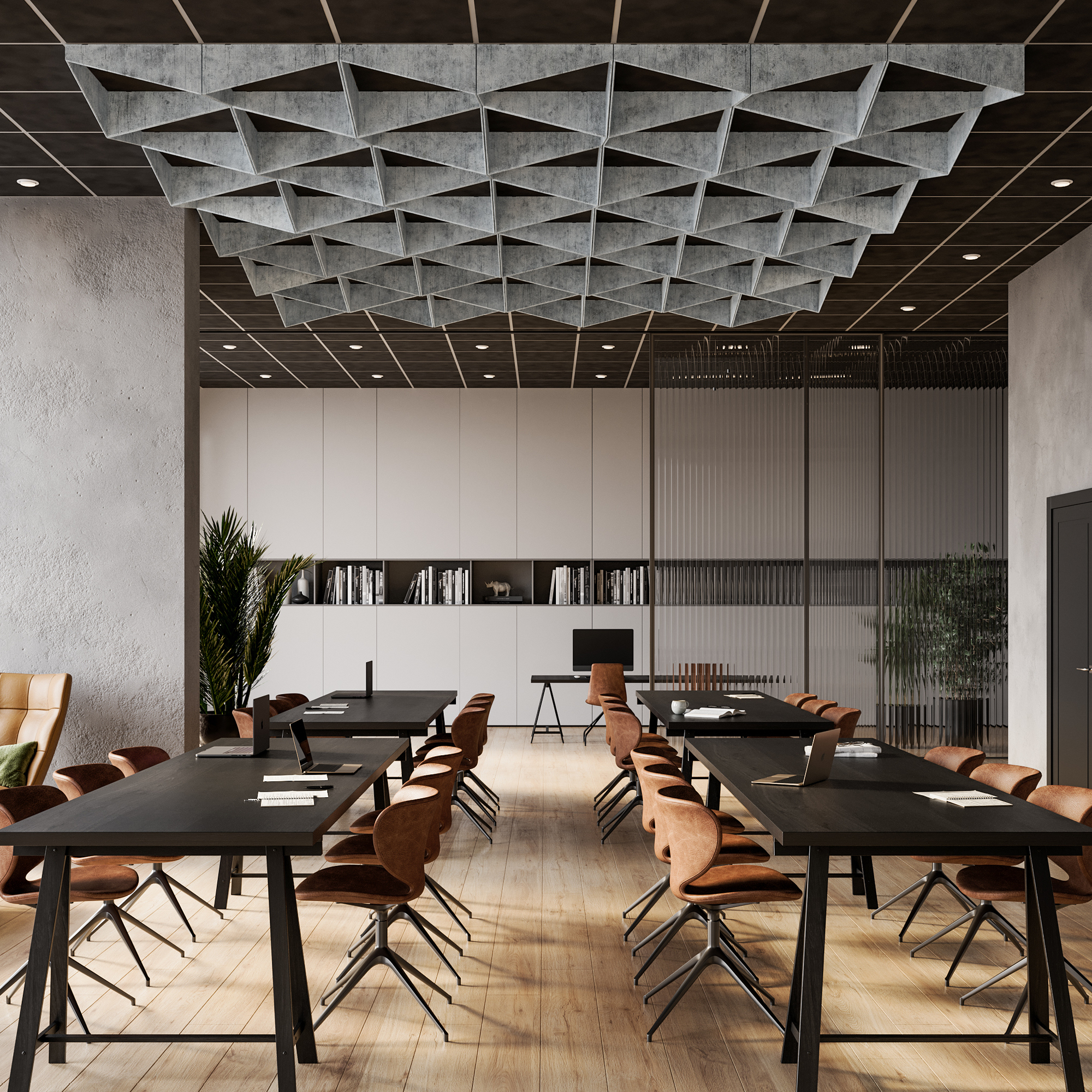 magnetically mounted acoustic ceiling fins with a grey printed pattern above conference room