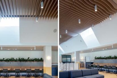 sound absorbing custom baffle almond 12mm on ceiling of knox grammar school seating area sofas