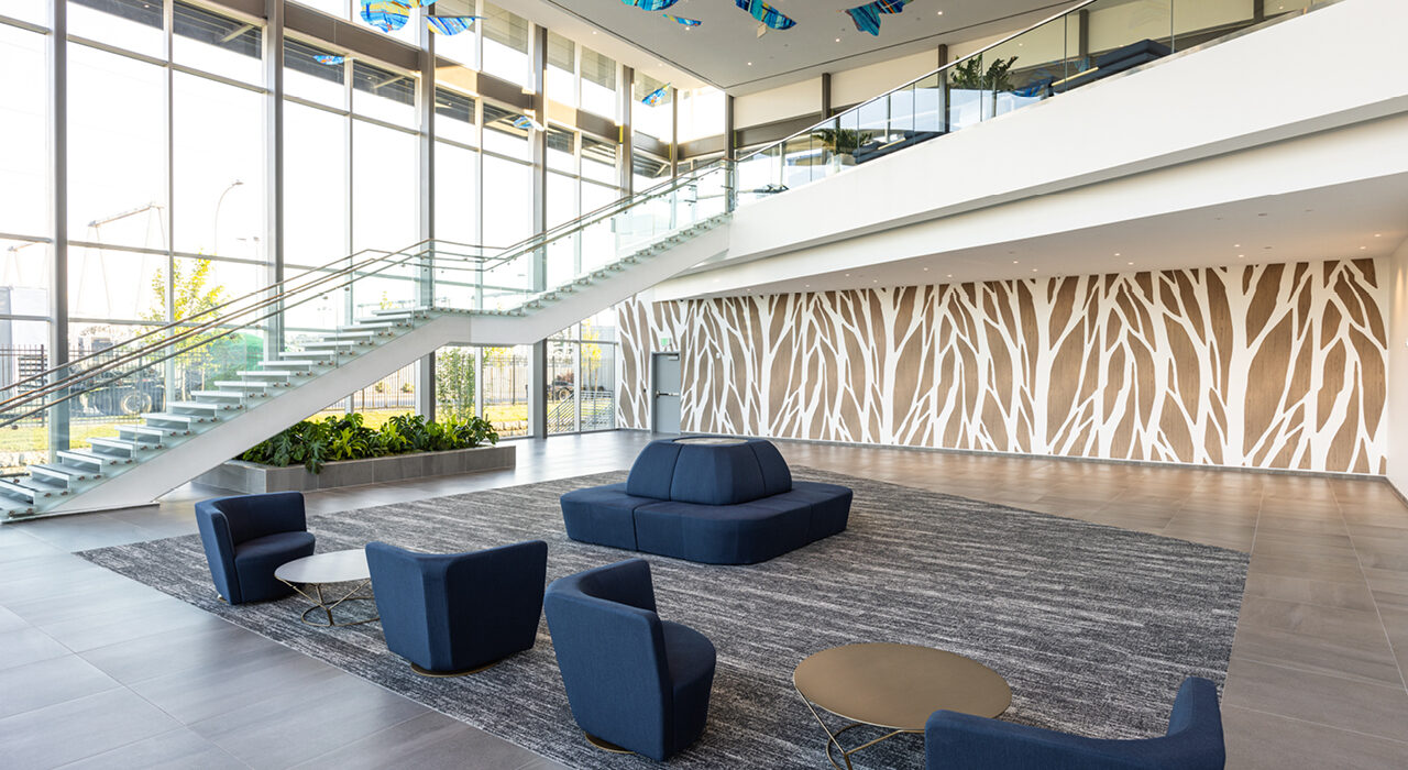 custom cut acoustic panels featured along lobby back wall