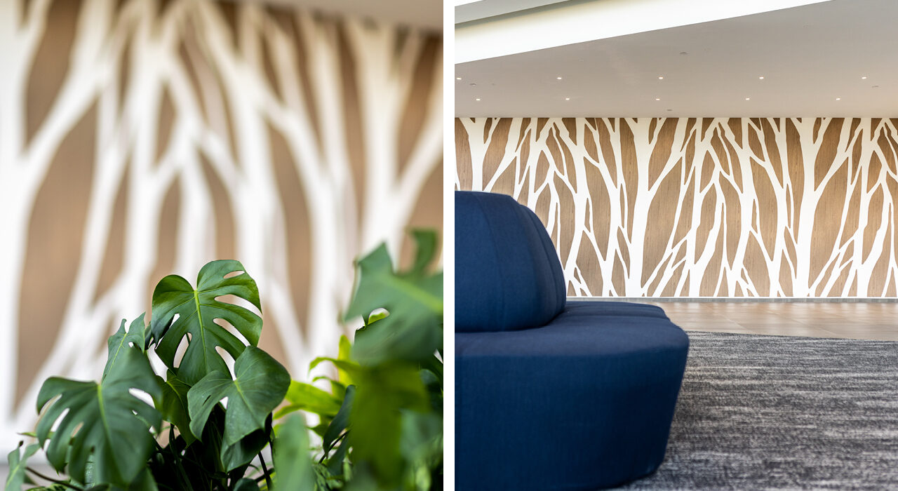 sound absorbing acoustic panels custom cut and digitally printed along lobby wall