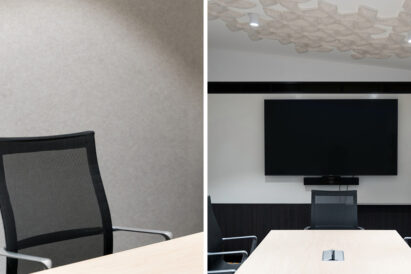 neutral acoustic panels and sound-absorbing tiles on office ceiling