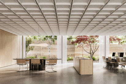 tan acoustic drop ceiling tiles above open office area