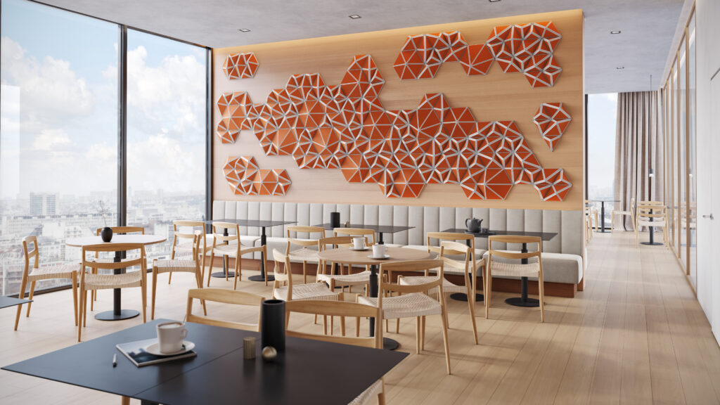 orange geometric acoustic tiles on restaurant wall