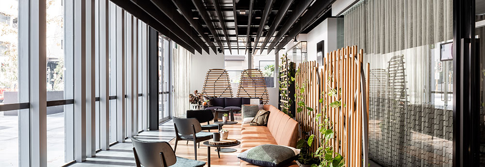 Banner ceiling baffles above seating area