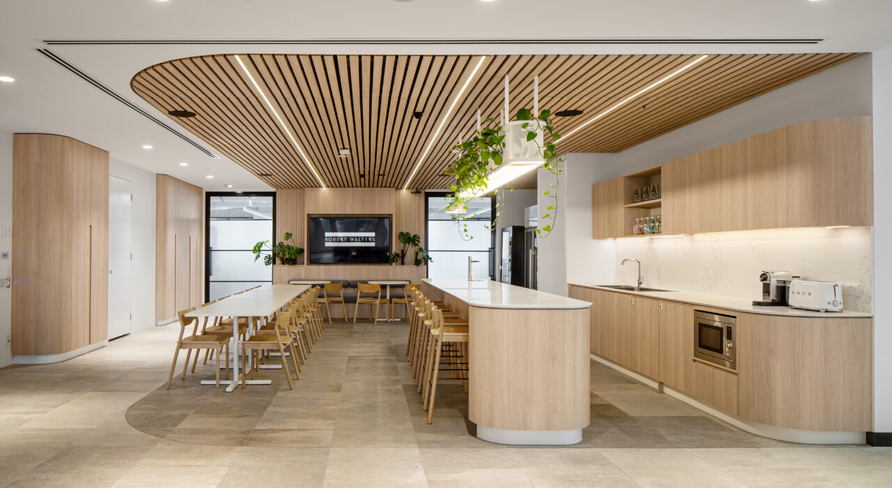 ecoustic Blade Ceiling Tile installed above kitchen area in Robert Walters workspace