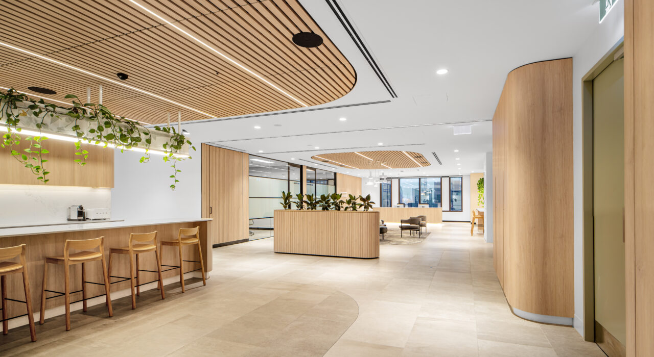 ecoustic Blade ceiling tile installed above workplace kitchen