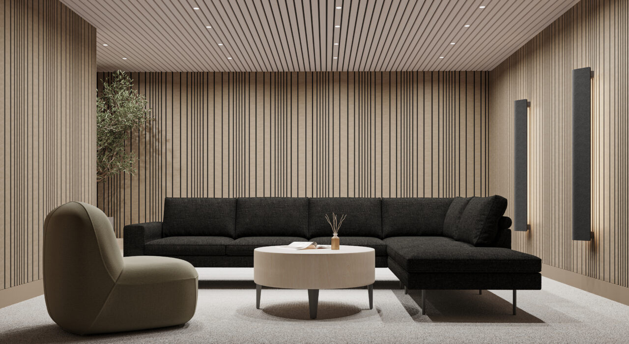 tan leather faced acoustic panels with black linear design on walls and slatted wooden panels on ceiling