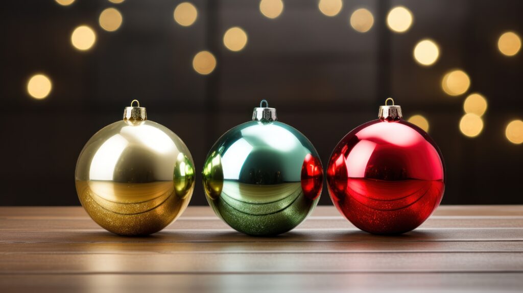 three colorful Christmas ornaments