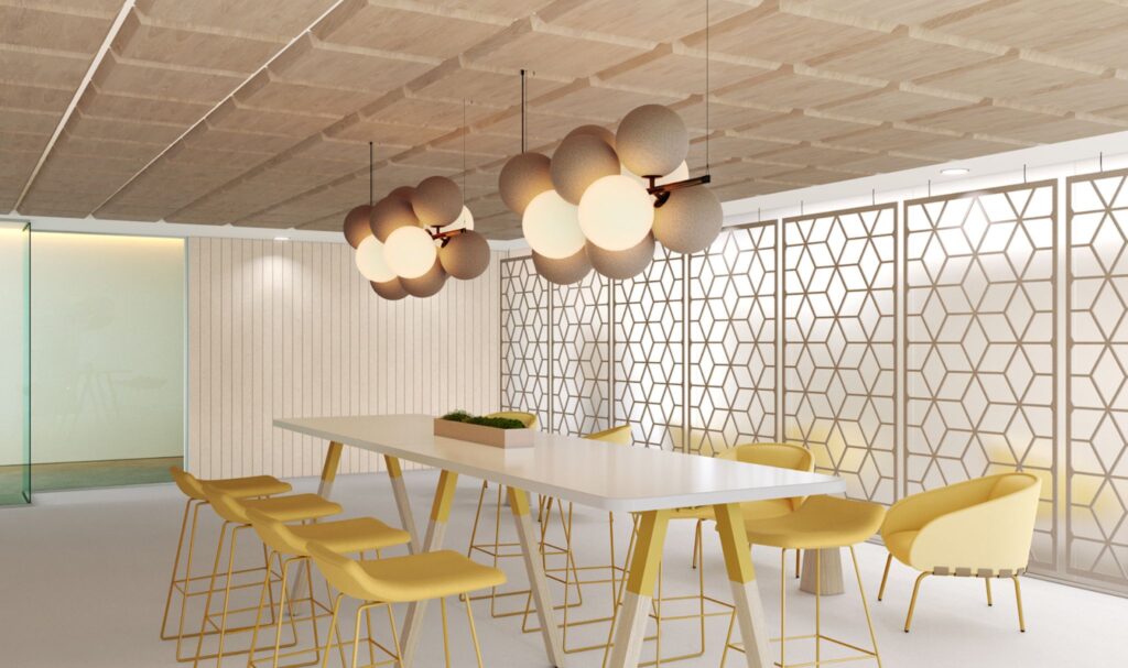 Holly acoustic ceiling tiles above table