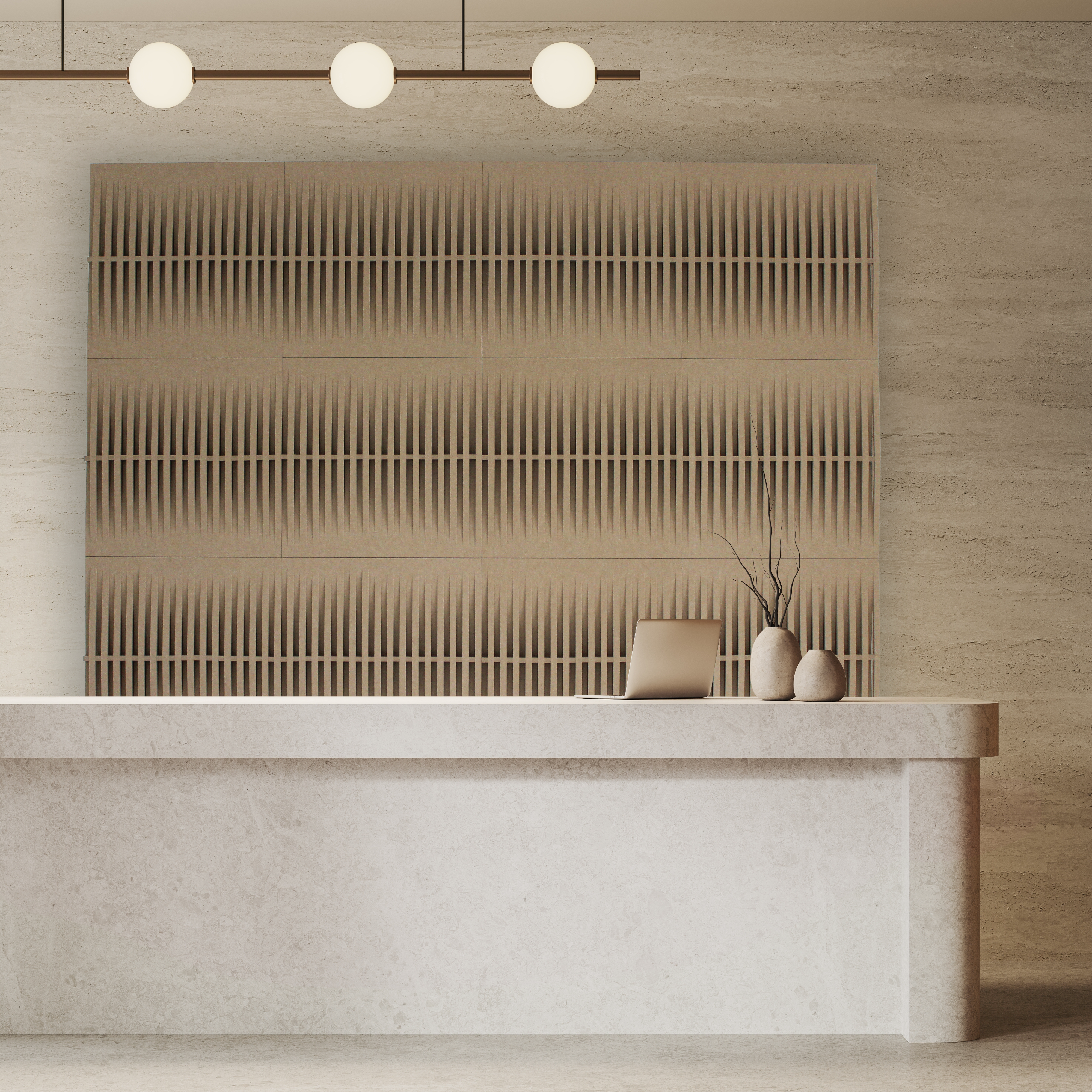 sand colored woven tiles arranged behind a reception desk