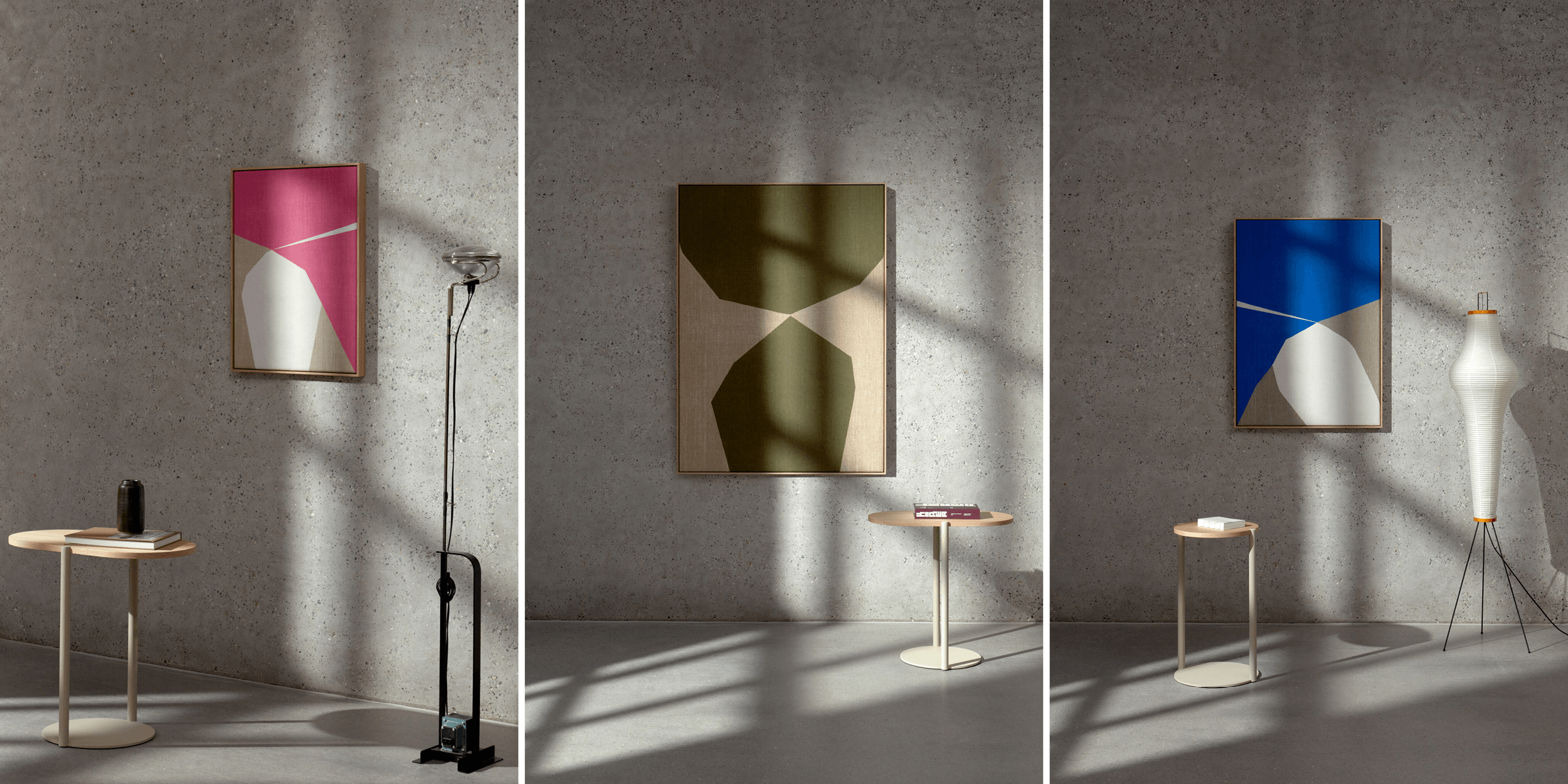 collage featuring three colorful abstract acoustic panels on wall